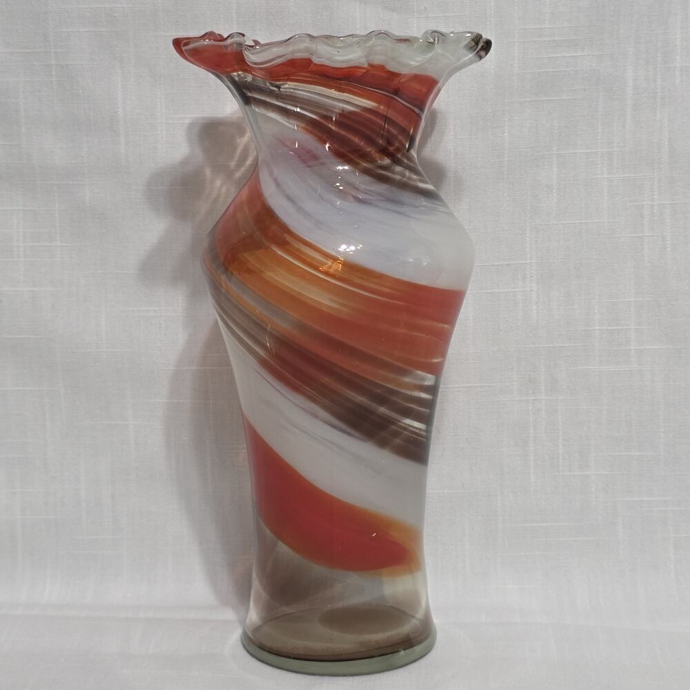 Vintage Becraft Ozarks Murrhina Art Glass Vase Fine Crimped Ruffled Rim Orange